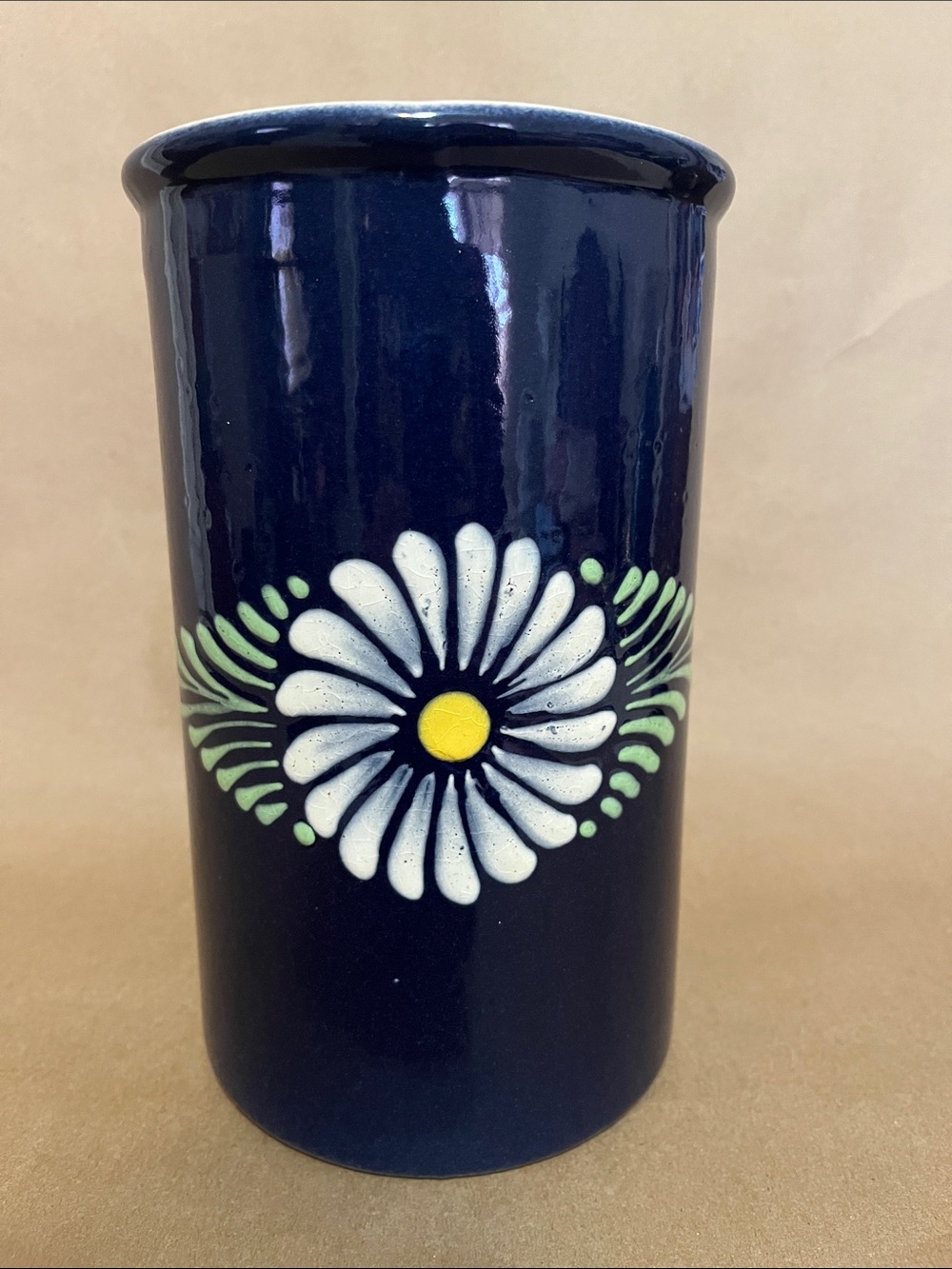 Vintage Cobalt Blue Stoneware Daisy Utensil Crock Vase Hand Painted Floral